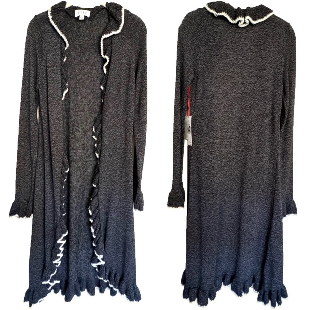 Elle Knit Ruffled Long Cardigan Sweater Duster Gray Size S NEW $68